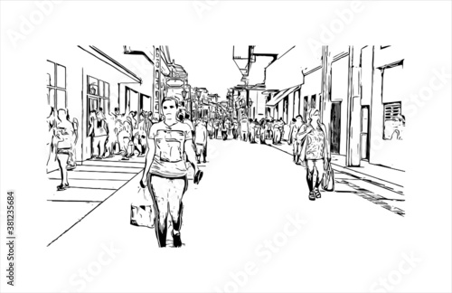 Building view with landmark of Bayamo is the capital city of the Granma Province of Cuba. Hand drawn sketch illustration in vector.