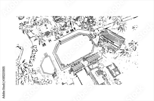 Building view with landmark of Bayamo is the capital city of the Granma Province of Cuba. Hand drawn sketch illustration in vector.