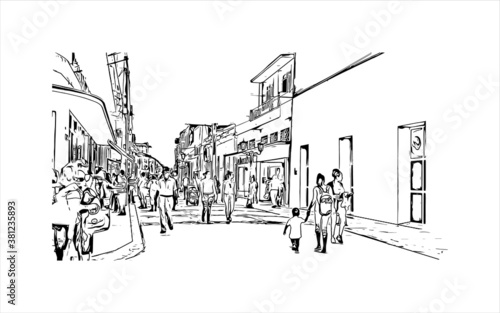 Building view with landmark of Bayamo is the capital city of the Granma Province of Cuba. Hand drawn sketch illustration in vector.