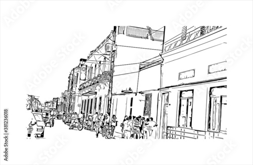 Building view with landmark of Bayamo is the capital city of the Granma Province of Cuba. Hand drawn sketch illustration in vector.