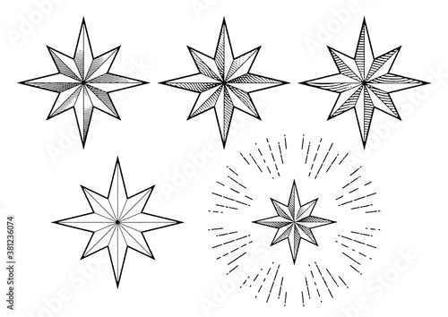 手描きのキラキラ星 vintage engraving 8 pointed Christmas star