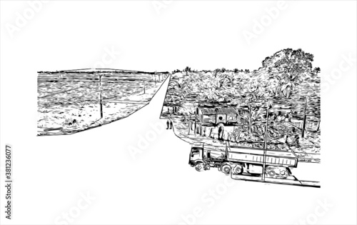 Building view with landmark of Bayamo is the capital city of the Granma Province of Cuba. Hand drawn sketch illustration in vector.