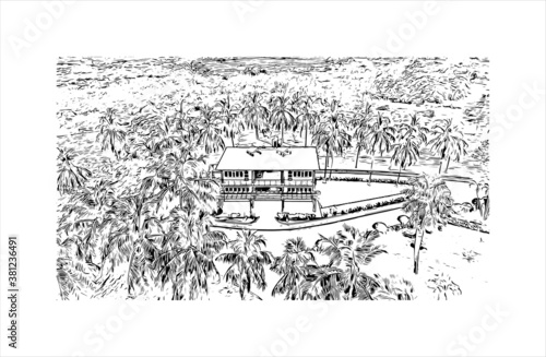 Building view with landmark of Bayamo is the capital city of the Granma Province of Cuba. Hand drawn sketch illustration in vector.