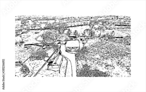 Building view with landmark of Bayamo is the capital city of the Granma Province of Cuba. Hand drawn sketch illustration in vector.