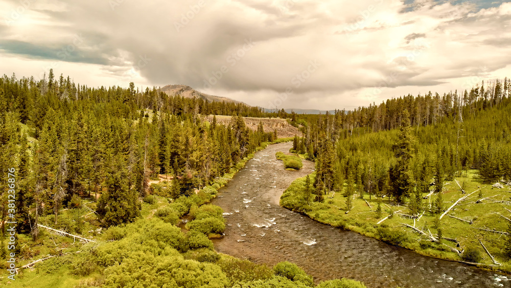 Aerial view of Yellowstone River on a summer day Aerial view of Yellowstone River on a summer day