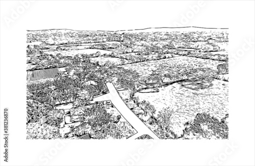 Building view with landmark of Bayamo is the capital city of the Granma Province of Cuba. Hand drawn sketch illustration in vector.