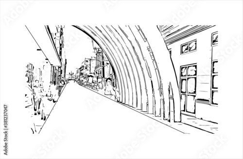 Building view with landmark of Bayamo is the capital city of the Granma Province of Cuba. Hand drawn sketch illustration in vector.