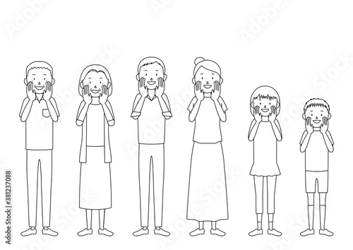 Illustration of a three generation family (grandfather, grandmother, father, mother, girl, boy set) Calling pose