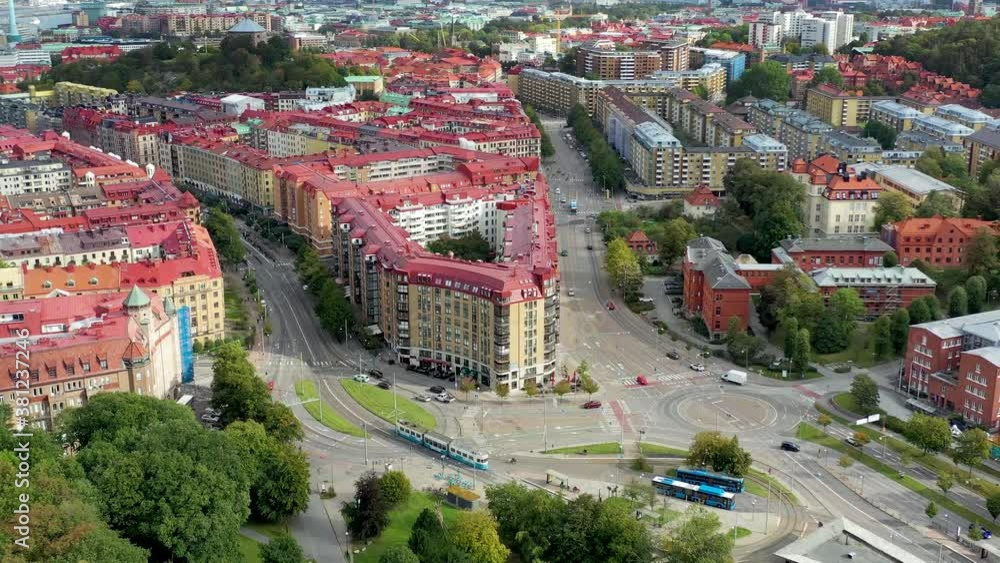 Typical swedish town, transportation and housing. Gothenborg city aerial view by drone. 