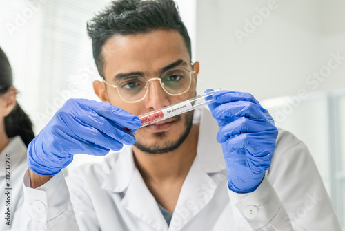 Gloved male worker of food quality control looking at tiny pieces of raw meat