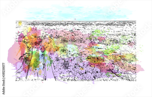 Building view with landmark of Bayamo is the capital city of the Granma Province of Cuba. watercolour splash with hand drawn sketch illustration in vector.
