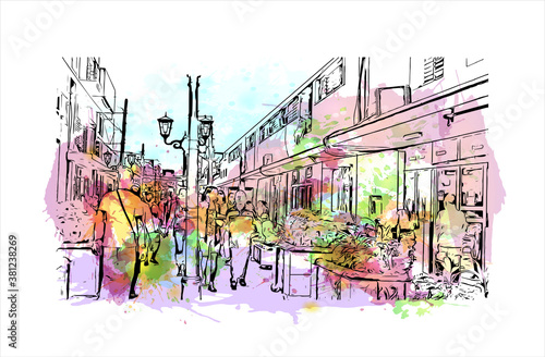 Building view with landmark of Bayamo is the capital city of the Granma Province of Cuba. watercolour splash with hand drawn sketch illustration in vector.