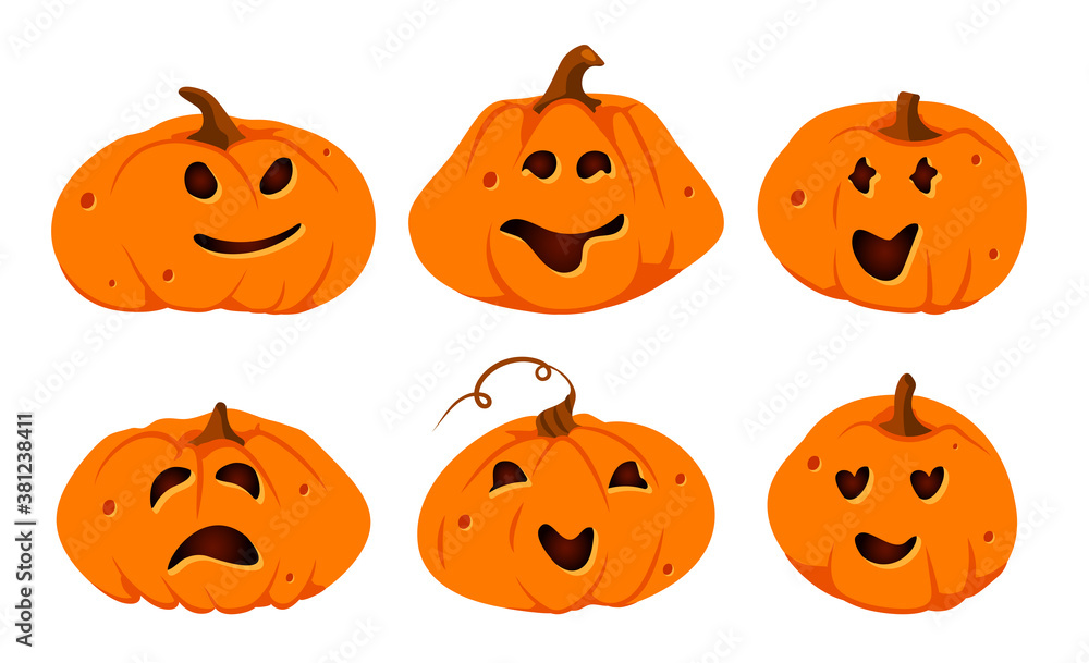 Halloween pumpkins paper cut icon set. Different shapes squash with carved cute faces emotion. Sign creepy funny cutting pumpkin smile. Decor for in October horror party invitation Vector illustration Halloween pumpkins paper cut icon set. Different shapes squash with carved cute faces emotion. Sign creepy funny cutting pumpkin smile. Decor for in October horror party invitation Vector illustration