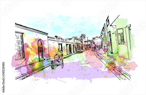 Building view with landmark of Bayamo is the capital city of the Granma Province of Cuba. watercolour splash with hand drawn sketch illustration in vector. photo