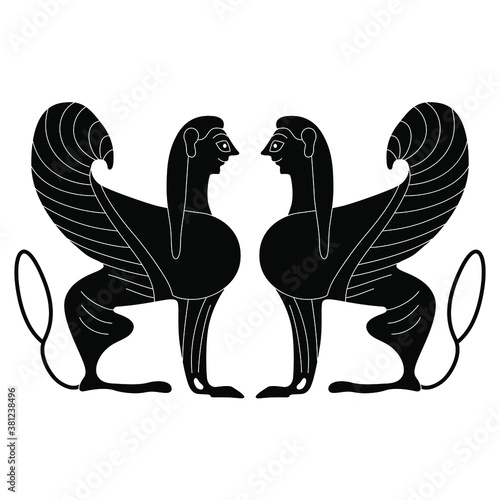 Symmetrical vintage decor with two ancient Greek female sphinxes. Black and white silhouette.