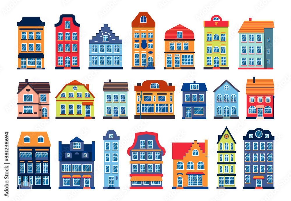Cartoon houses colorful architecture Amsterdam set. Different graphic icon townhouse, european style. Flat urban building tall town and suburban home cottage. Isolated on white vector illustration