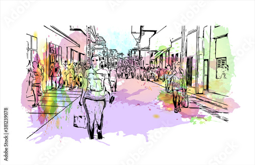 Building view with landmark of Bayamo is the capital city of the Granma Province of Cuba. watercolour splash with hand drawn sketch illustration in vector.