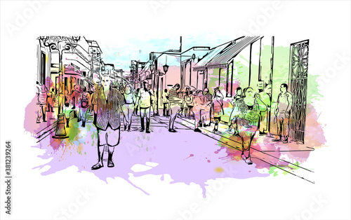Building view with landmark of Bayamo is the capital city of the Granma Province of Cuba. watercolour splash with hand drawn sketch illustration in vector.