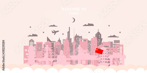 China Travel Ticket Postcard, poster, tour advertising of world famous landmarks of China. Vector illustration.