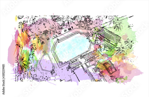 Building view with landmark of Bayamo is the capital city of the Granma Province of Cuba. watercolour splash with hand drawn sketch illustration in vector.