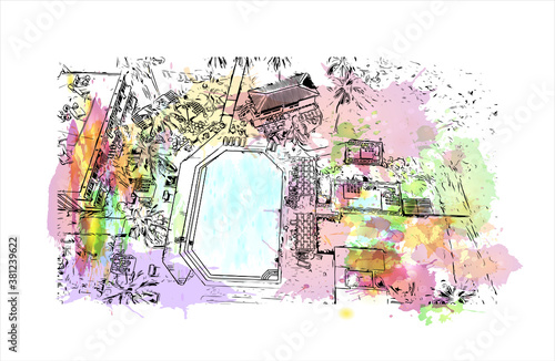 Building view with landmark of Bayamo is the capital city of the Granma Province of Cuba. watercolour splash with hand drawn sketch illustration in vector.