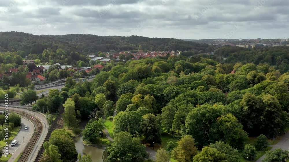 Gothenburg Slottsskogen park in Sweden with picnic areas, beautiful nature, green trees, running tracks, lakes and zoo. Aerial drone view.