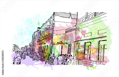 Building view with landmark of Bayamo is the capital city of the Granma Province of Cuba. watercolour splash with hand drawn sketch illustration in vector.