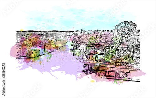 Building view with landmark of Bayamo is the capital city of the Granma Province of Cuba. watercolour splash with hand drawn sketch illustration in vector.