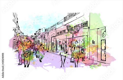 Building view with landmark of Bayamo is the capital city of the Granma Province of Cuba. watercolour splash with hand drawn sketch illustration in vector.