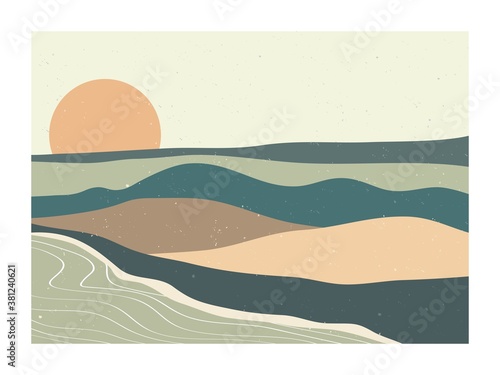 Mid century modern minimalist. Abstract nature, sea, sky, sun, river, rock mountain landscape poster. Geometric landscape background in scandinavian style. Vector illustration