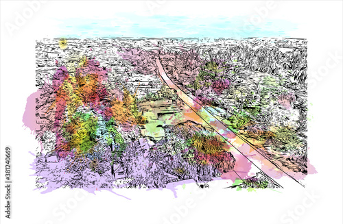 Building view with landmark of Bayamo is the capital city of the Granma Province of Cuba. watercolour splash with hand drawn sketch illustration in vector.