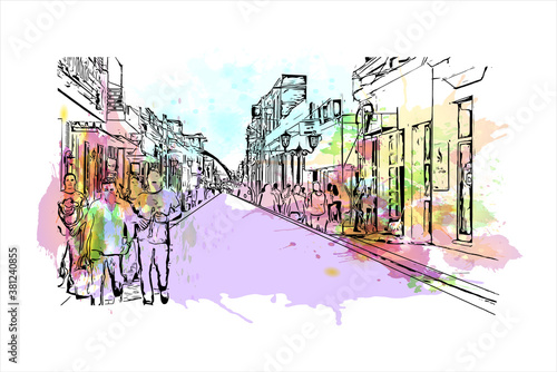 Building view with landmark of Bayamo is the capital city of the Granma Province of Cuba. watercolour splash with hand drawn sketch illustration in vector.