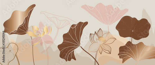 Luxury Lotus background vector with golden metallic decorate 