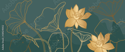 Luxury Lotus background vector with golden metallic decorate 