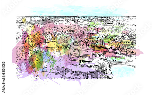 Building view with landmark of Bayamo is the capital city of the Granma Province of Cuba. watercolour splash with hand drawn sketch illustration in vector.