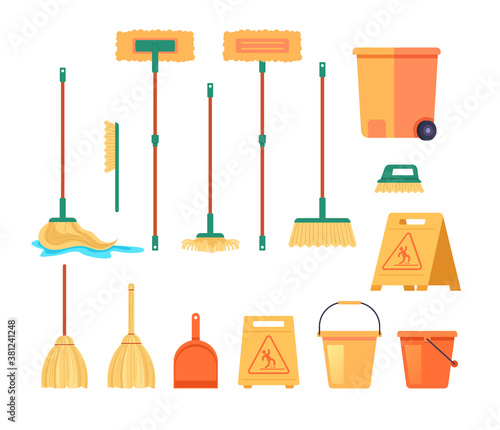 Cleaning tools equipment isolated set. Vector flat graphic design cartoon illustration