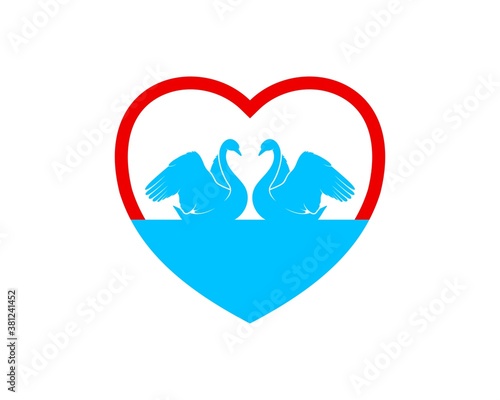 Love shape with twin swan in the water lake inside
