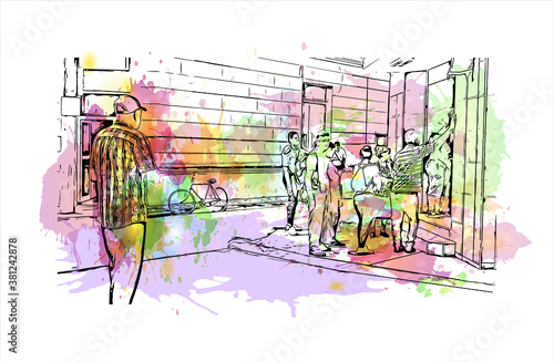 Building view with landmark of Bayamo is the capital city of the Granma Province of Cuba. watercolour splash with hand drawn sketch illustration in vector.