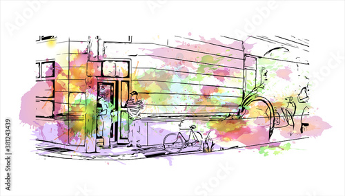 Building view with landmark of Bayamo is the capital city of the Granma Province of Cuba. watercolour splash with hand drawn sketch illustration in vector.