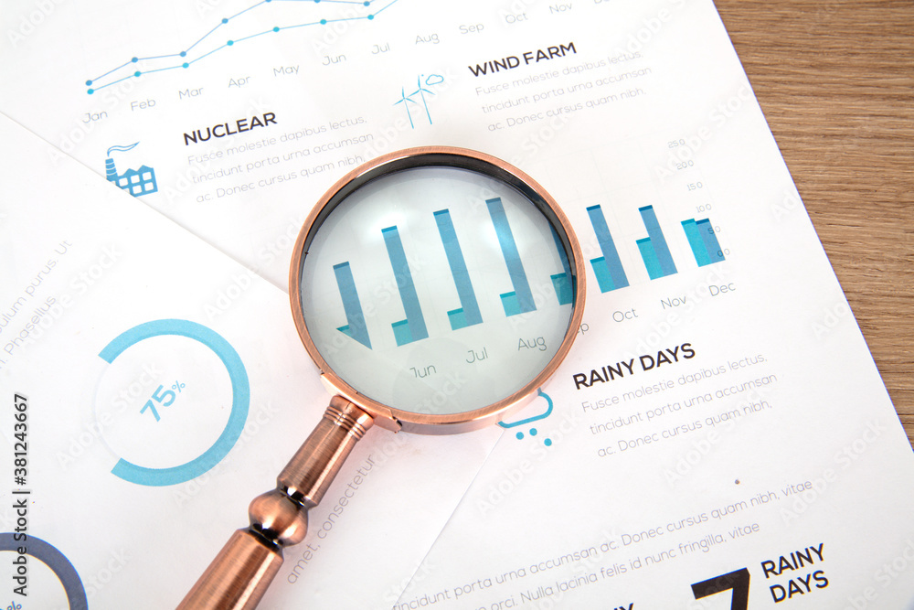 Financial information on a golden magnifying glass Financial information on a golden magnifying glass