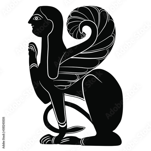 Etruscan female sphinx. Black and white silhouette. Fantastic mythological creature. Winged cat woman.