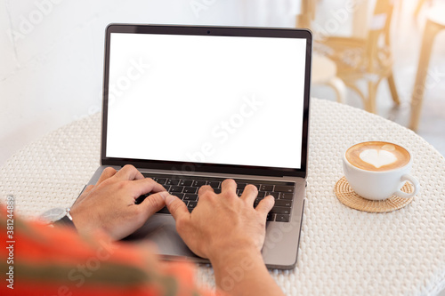 computer mockup blank screen.hand man work using laptop with white background for advertising,contact business search information on desk at coffee shop.marketing and creative design