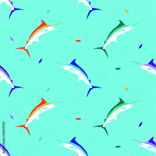 colorful marlin fish seamless pattern with grunge background