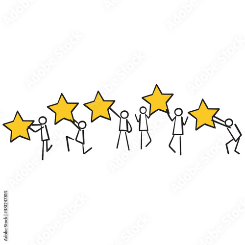 hand drawn User experience feedback icon , stick figure with stars symbol for Clients evaluating product, Consumer product review. doodle style