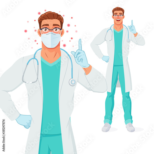 Doctor in mask, gloves pointing finger up to give advice. Protection from Coronavirus. Vector illustration.