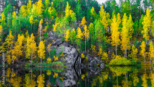 Lake in the mountains among the autumn forest.