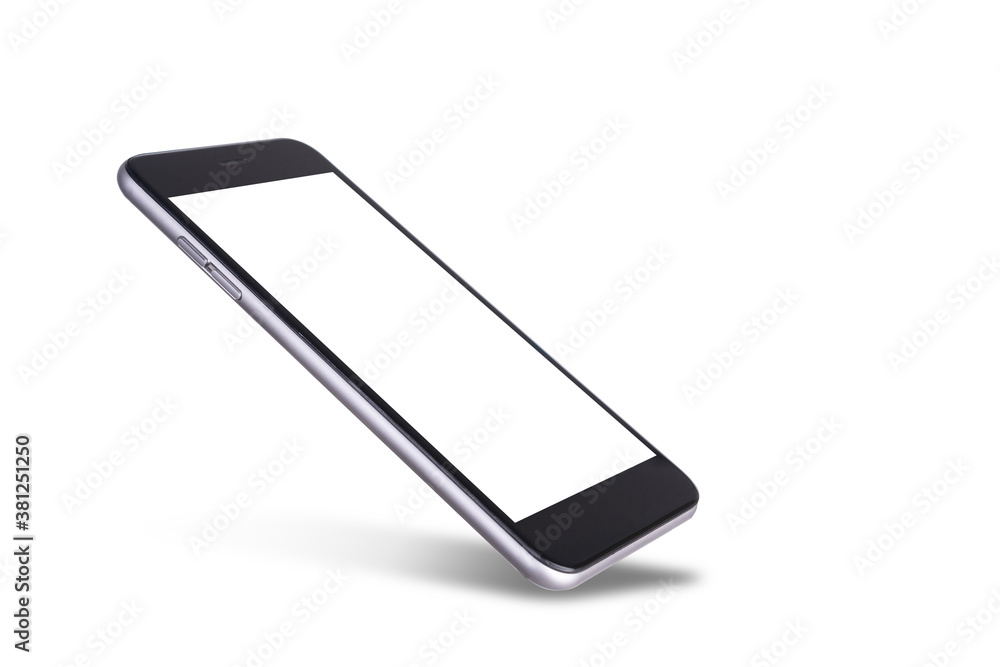 Black modern smartphone mockup. Mobile smart phone technology front blank screen studio shot isolated on over white background with clipping mask path on the phone and screen Black modern smartphone mockup. Mobile smart phone technology front blank screen studio shot isolated on over white background with clipping mask path on the phone and screen