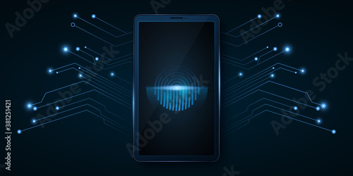 Modern smartphone with a fingerprint scanner. Biometric data and luminous computer circuit board. Data security from hacking your gadget. Vector illustration