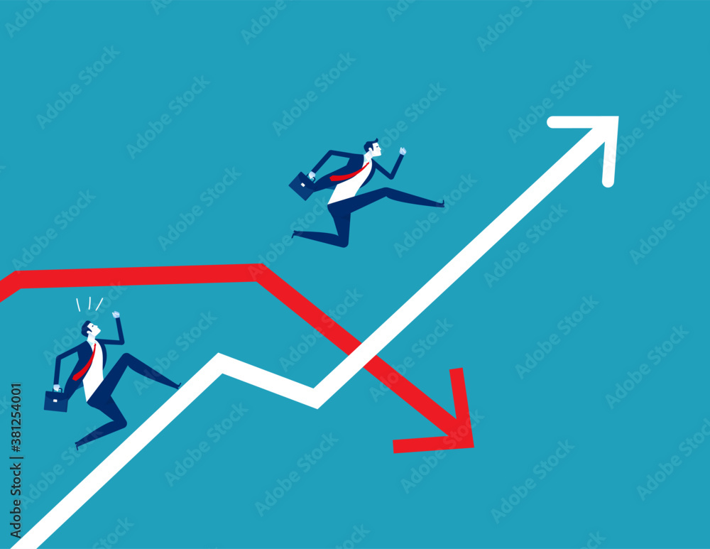 Business person jumping pass the arrow graph Business person jumping pass the arrow graph