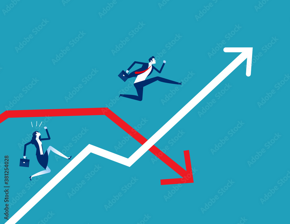 Business person jumping pass the arrow graph Business person jumping pass the arrow graph